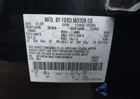 2009 Ford Edge Sel z USA, uszkodzony, nr VIN 2FMDK38C79BA69903